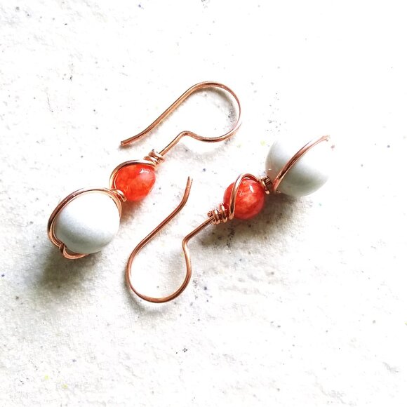 Uniquely Handmade Earrings: Lively Glowing Orange & Creamy White Stone w. Copper - Picture 4 of 11